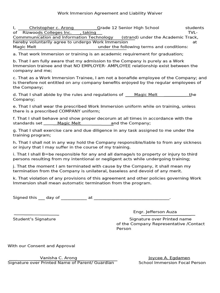 Work Immersion Agreement and Liability Waiver | PDF | Legal Liability ...