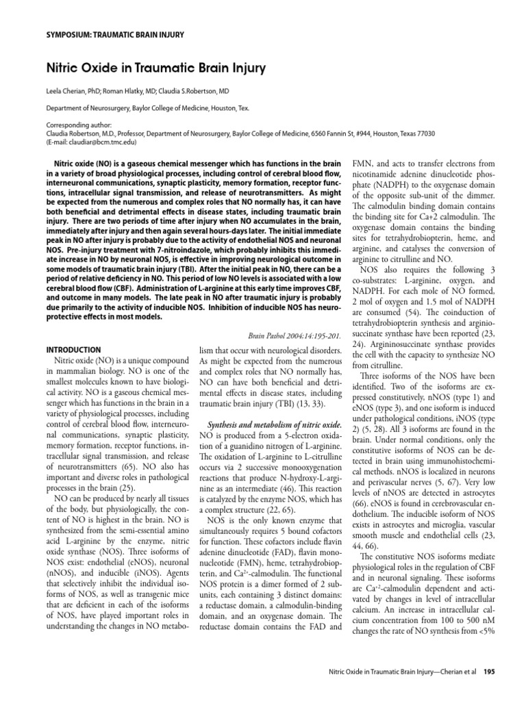 Nitric Oxide's Role in Traumatic Brain Injury | PDF | Nitric Oxide Synthase