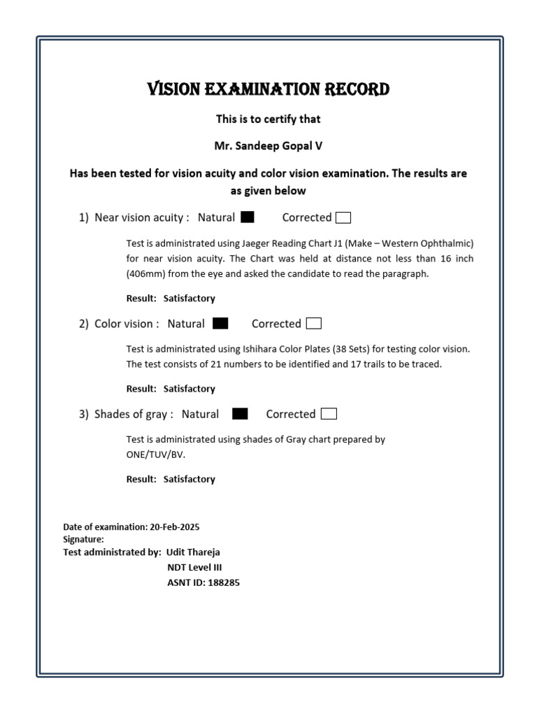 Vision Examination for Sandeep Gopal V | PDF