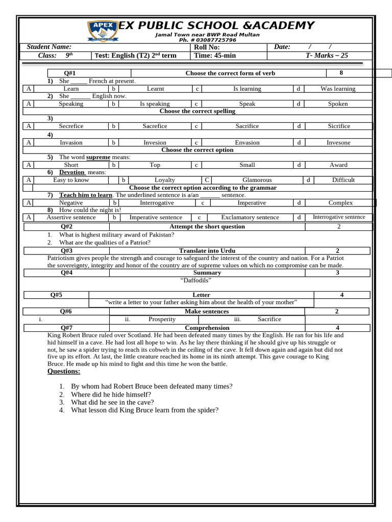 9th Grade English Test Paper | PDF | English Language | Linguistics