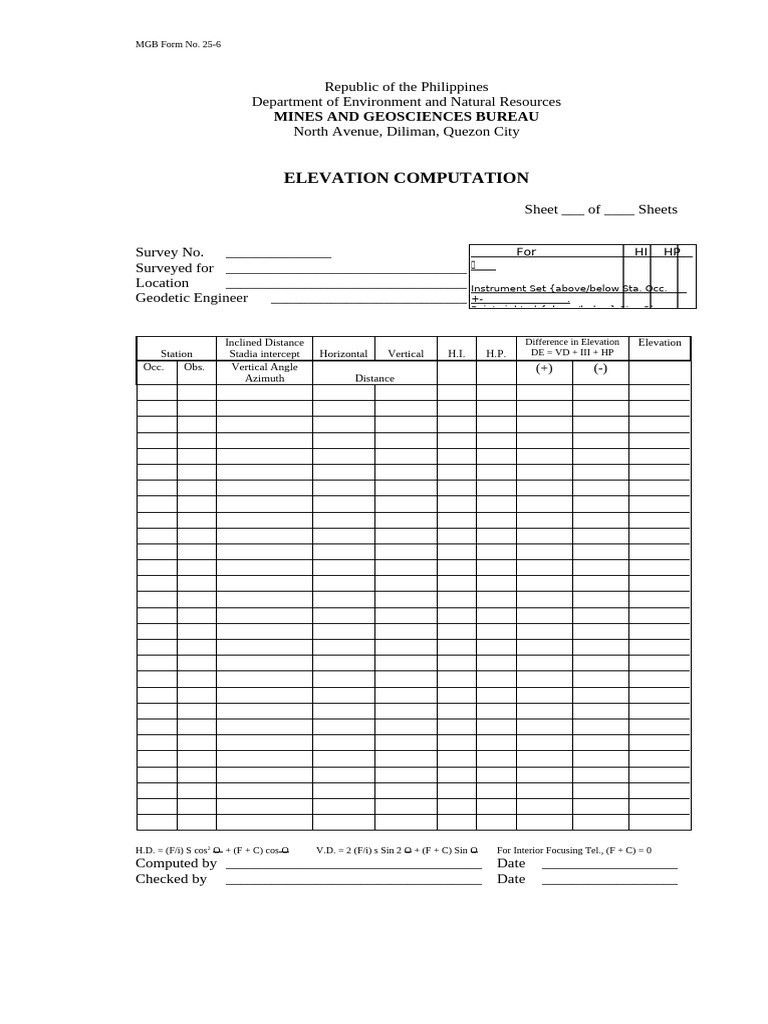 Elevation Computation Form MGB 25-6 | PDF