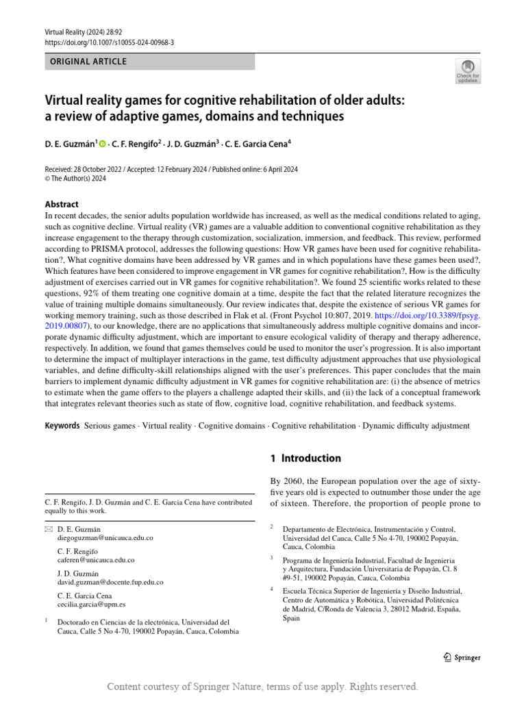 VR Games for Cognitive Rehab in Seniors | PDF | Virtual Reality | Attention