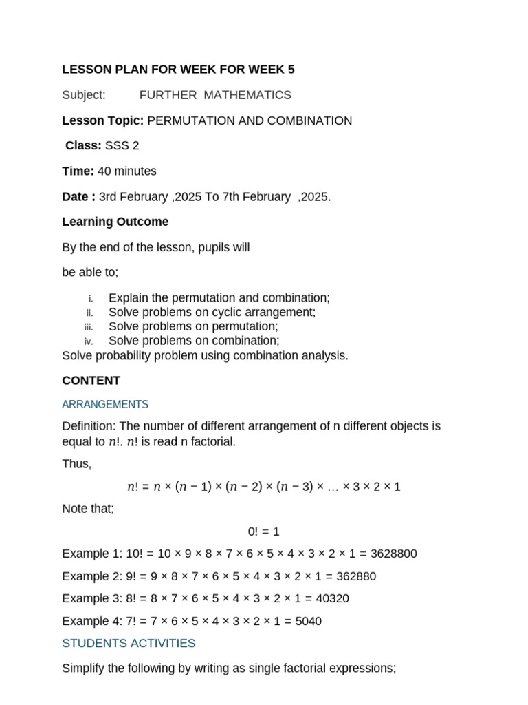 Permutation and Combination Lesson Plan | PDF | Mathematics