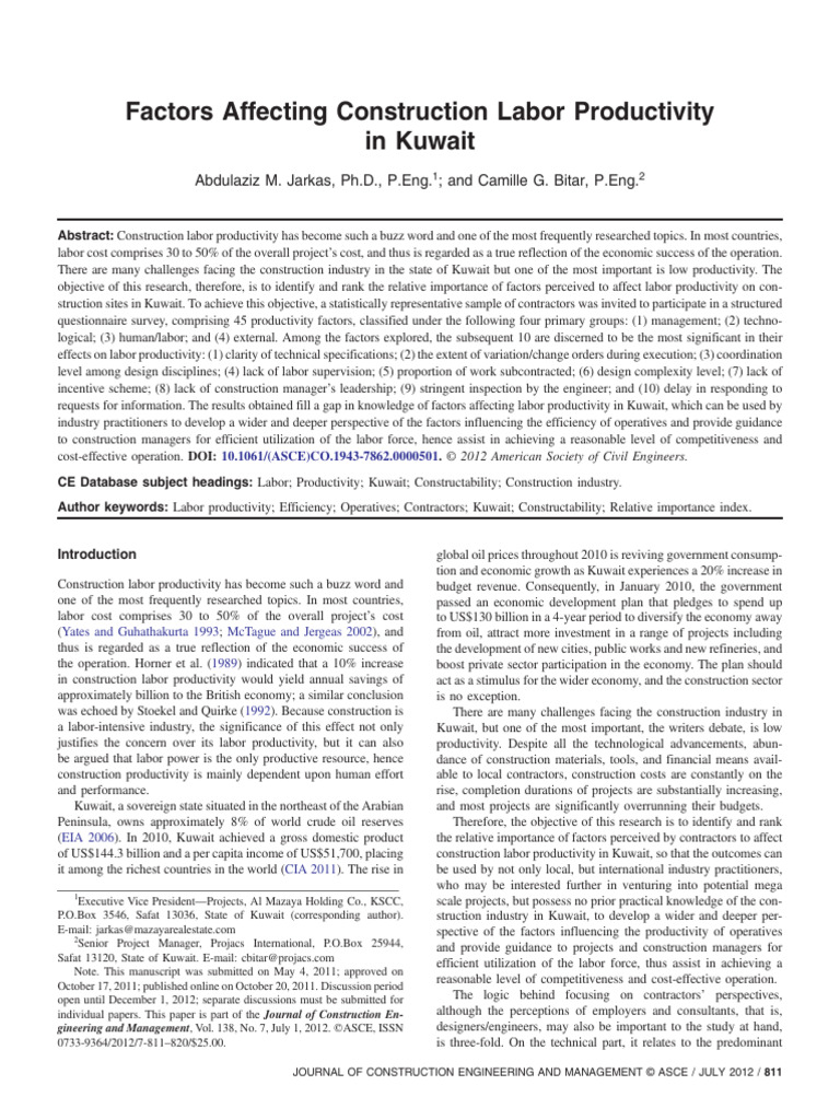 Factors Affecting Construction Labor Productivity in Kuwait (2012 ...