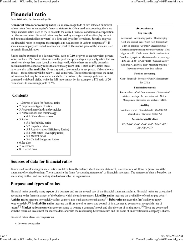 Financial Ratio - Wikipedia, The Free Encyclopedia | PDF | Financial ...