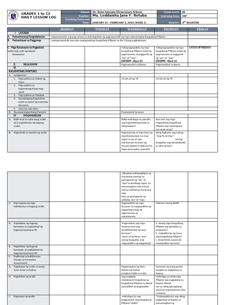 Daily Lesson Log for Grade 3 ESP | PDF