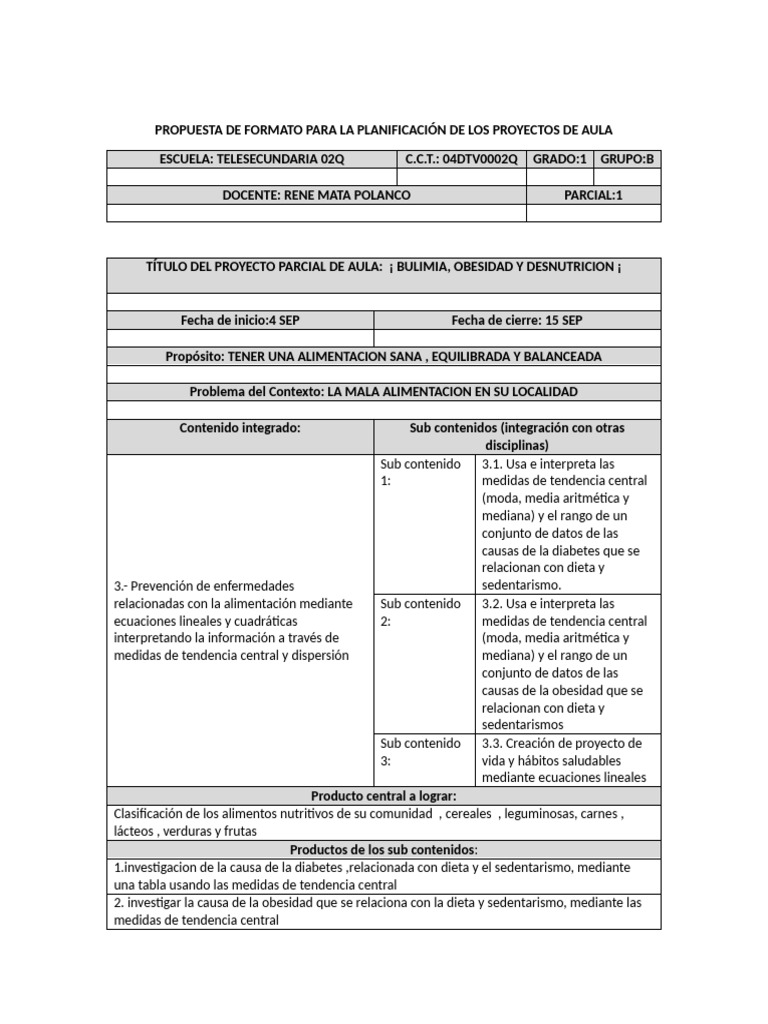 Planificación de Proyectos de Aula | PDF | Dieta | Dieta saludable