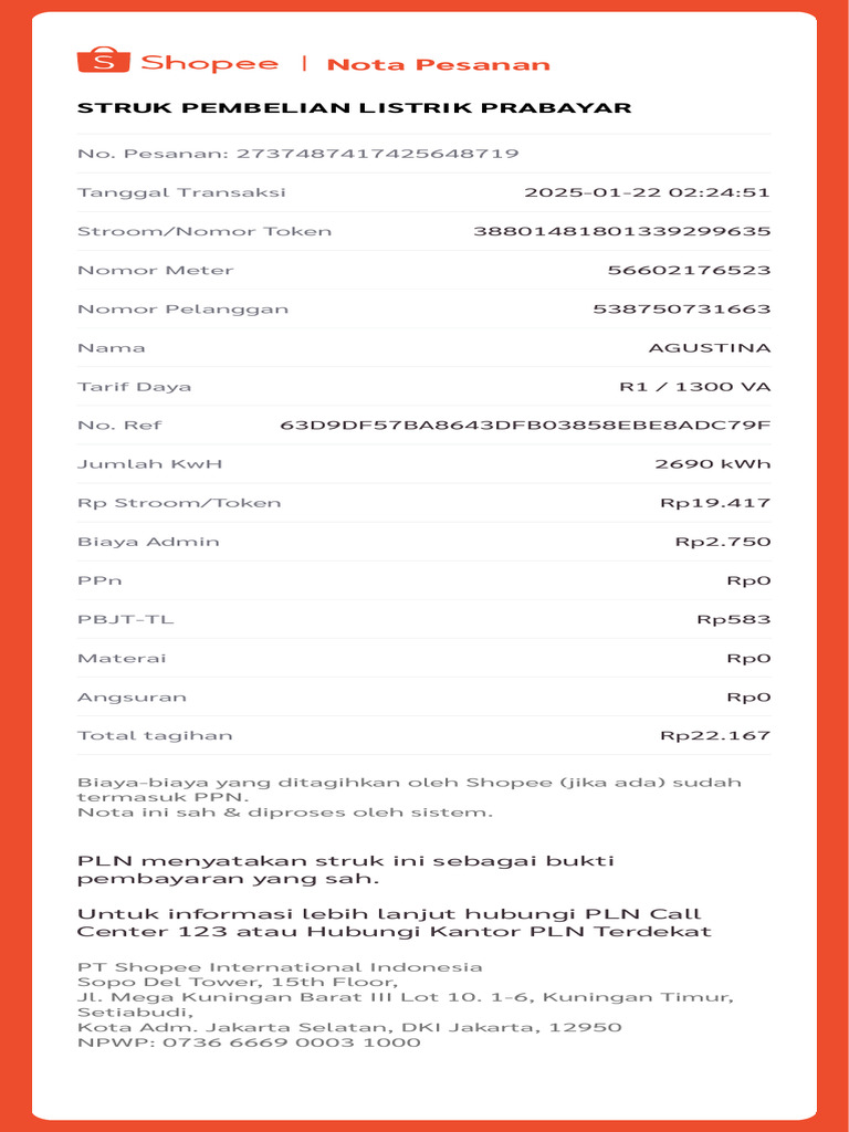 Nota Pesanan: Struk Pembelian Listrik Prabayar | PDF