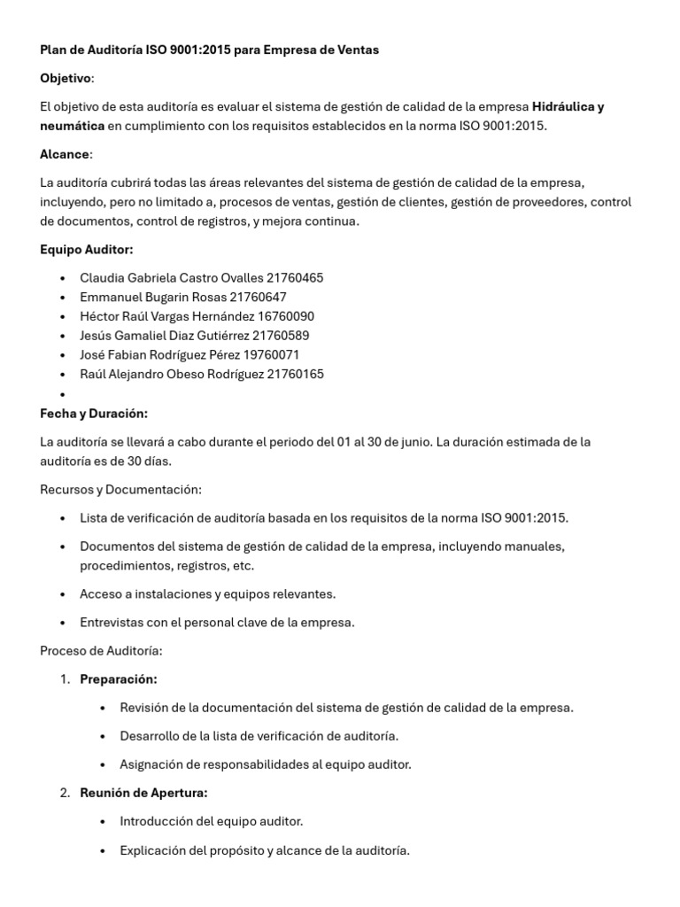 Auditoría ISO 9001:2015 en Ventas | PDF | Sistema de manejo de calidad ...