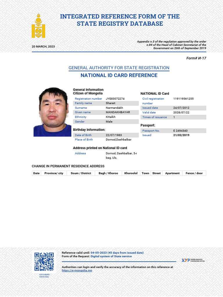Mongolia National ID Card Details | PDF | Identity Document ...