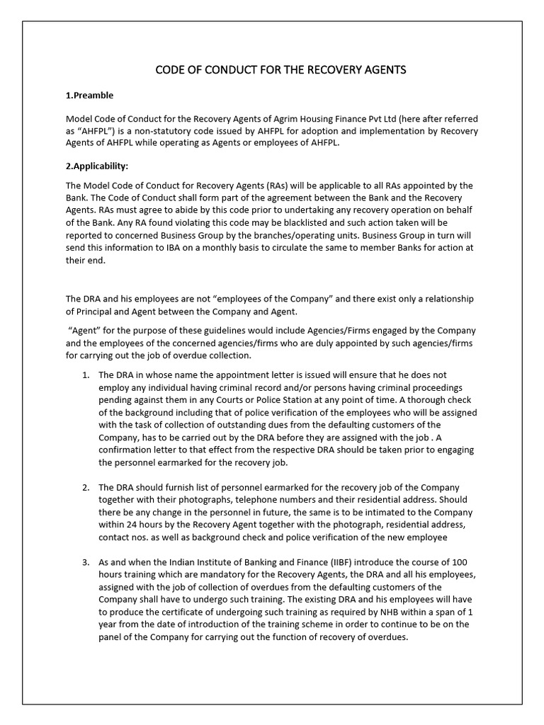 Recovery Agents Code of Conduct Guide | PDF | Justice | Crime & Violence