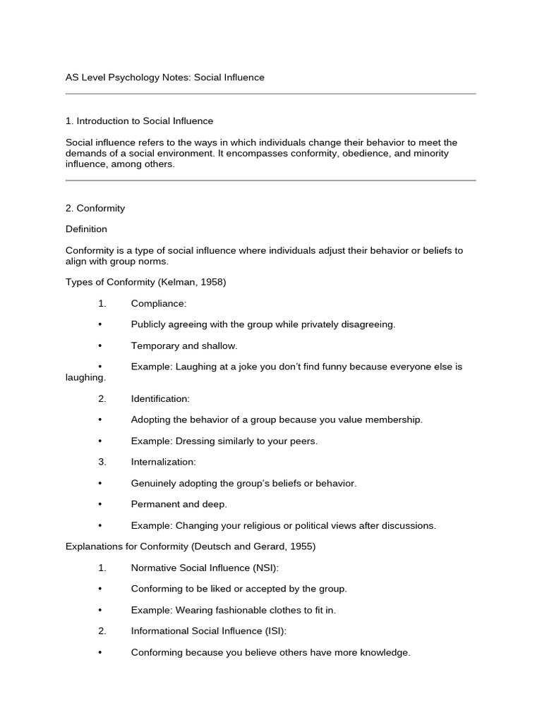AS Level Psychology: Social Influence Notes | PDF | Conformity ...