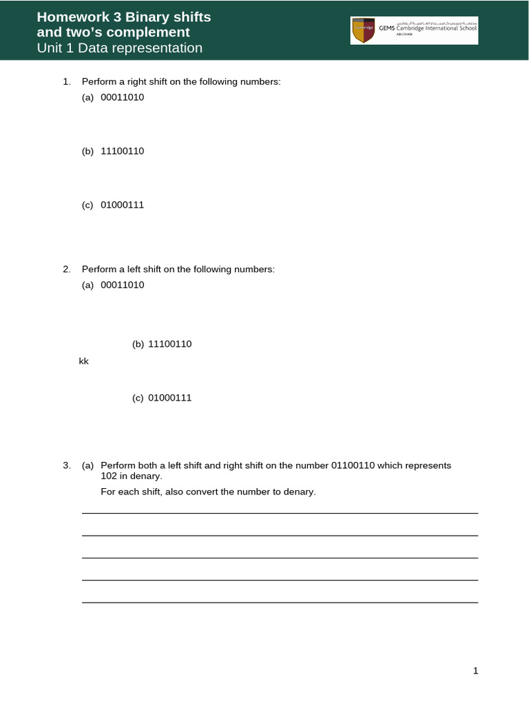 Binary Shifts and Two’s Complement Homework | PDF
