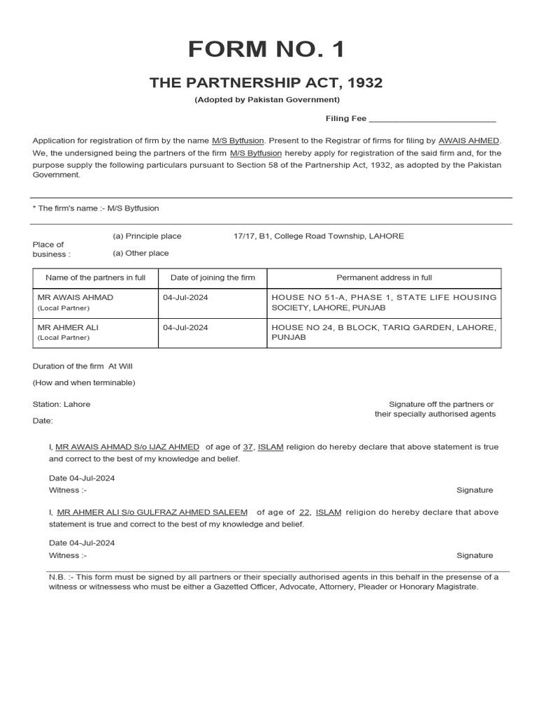 Form 1 Registration for Partnership Firm | PDF