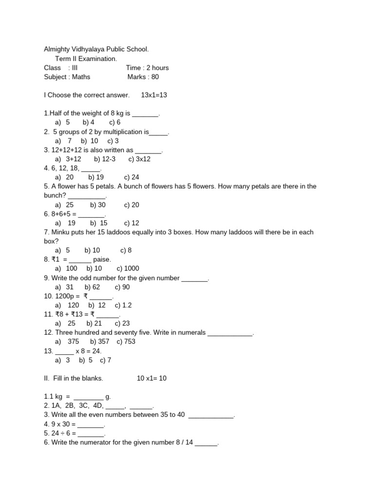 Class 3 Maths Term II Exam Worksheet | PDF | Numbers | Odds