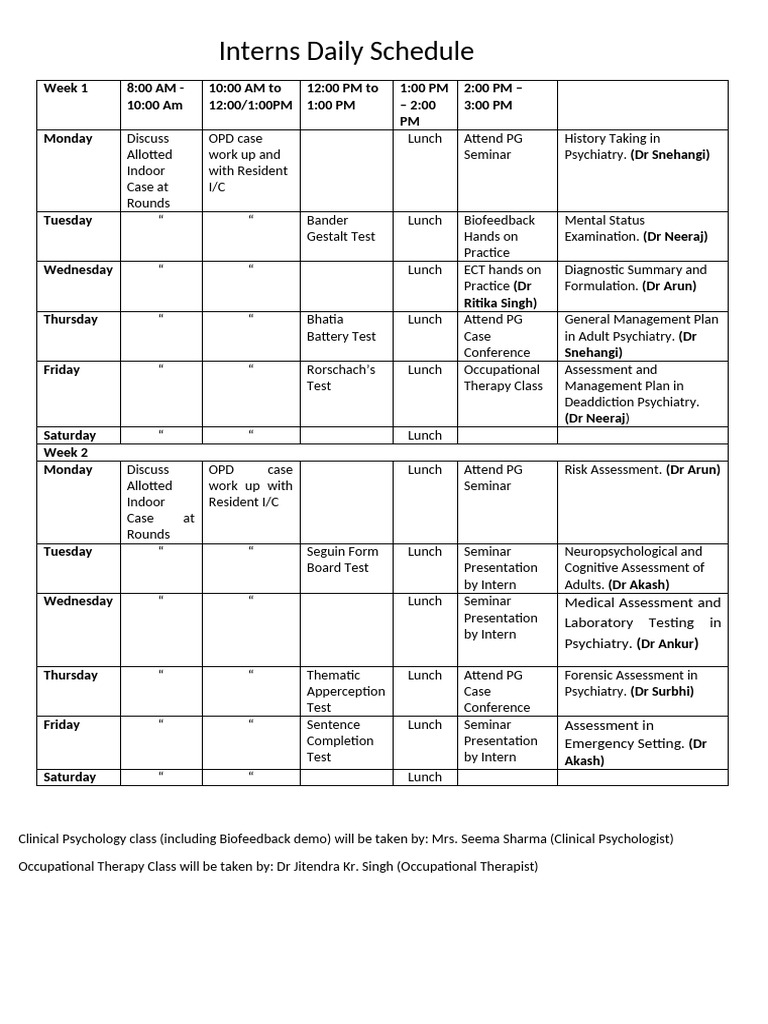 Interns Daily Schedule | PDF | Psychiatry | Clinical Psychology