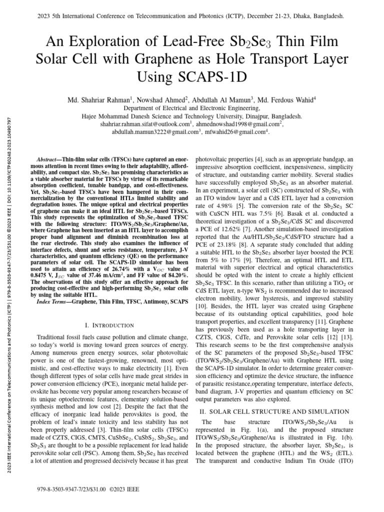 An Exploration of Lead-Free Sb2Se3 Thin Film Solar Cell With Graphene ...