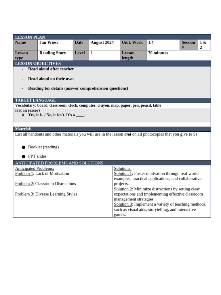 Weekly Reading Lesson Plan for Grades 1-2 | PDF | Reading Comprehension ...