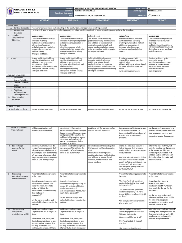 Grade VI Math Daily Lesson Plan | PDF | Learning | Multiplication