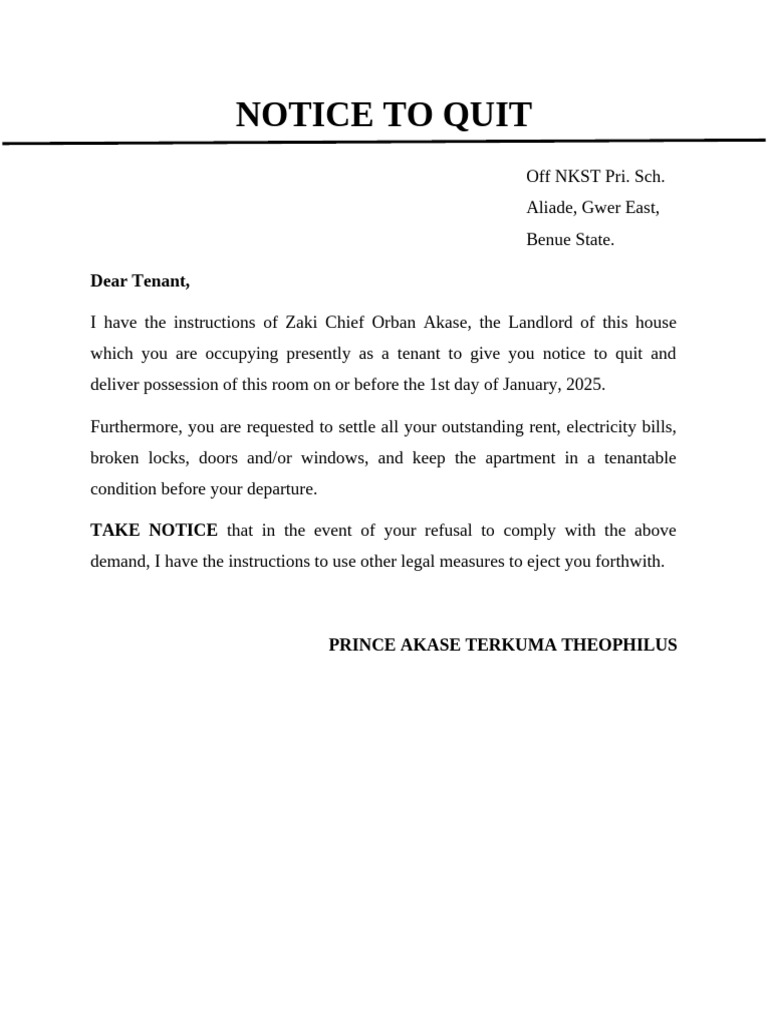 Tenant Notice to Quit by Landlord | PDF