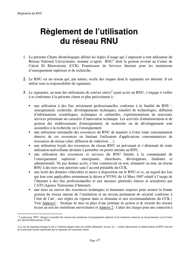 Règlement d'utilisation du RNU | PDF | Serveur proxy | l'Internet