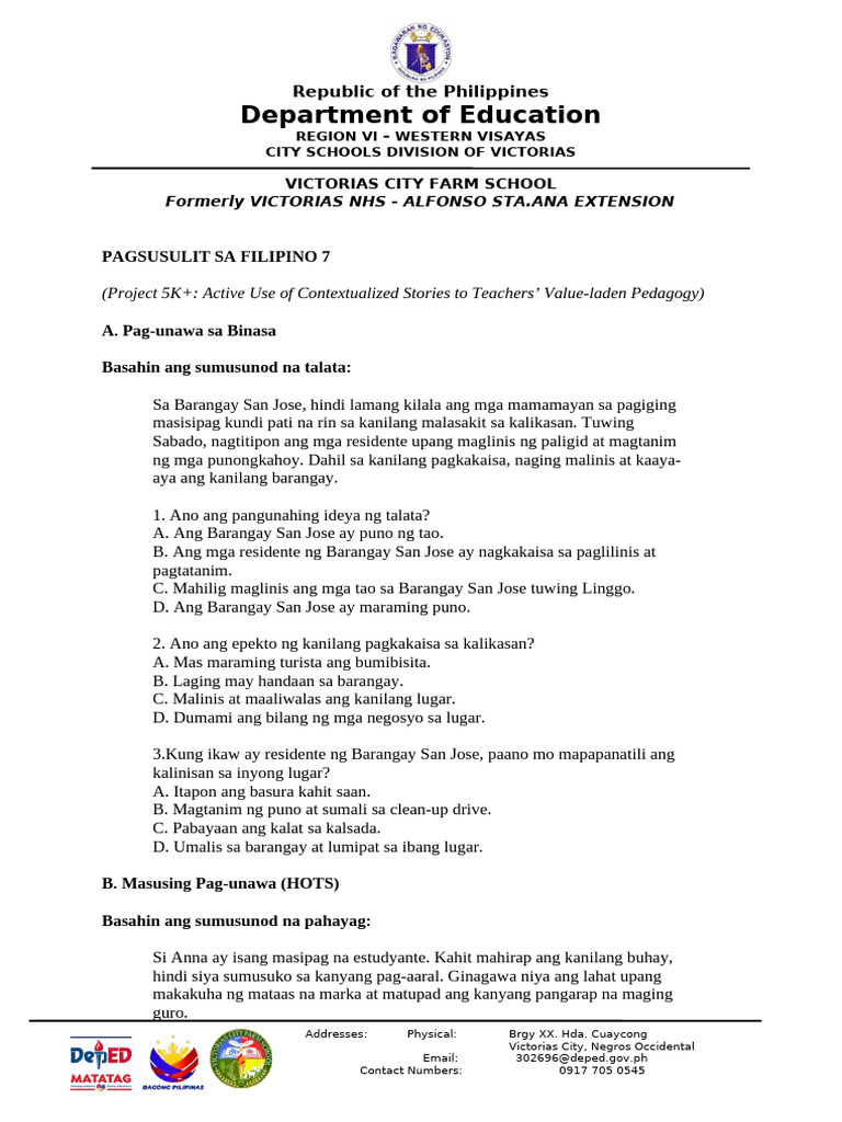 Pagsusulit Sa Filipino 7 | PDF