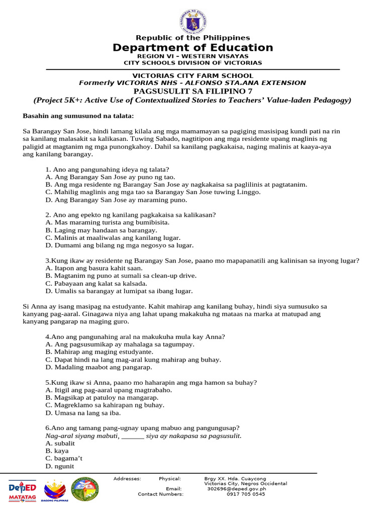 Pagsusulit Sa Filipino 7 New | PDF