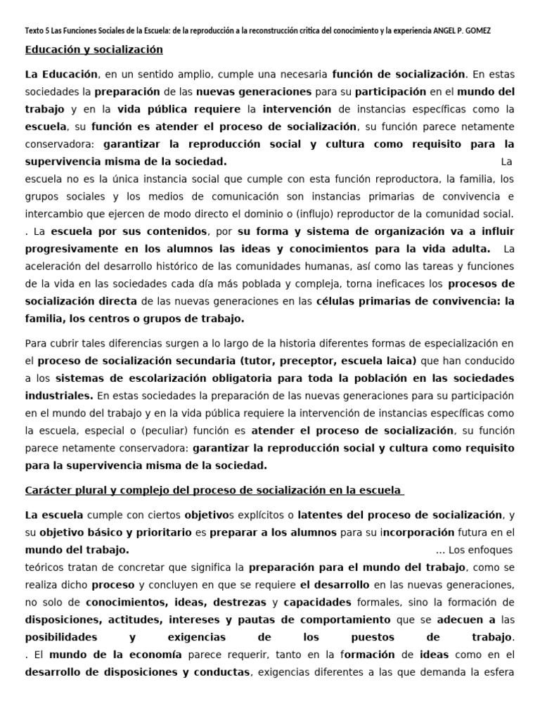 Funciones Sociales de la Escuela | PDF | Escuelas | Plan de estudios