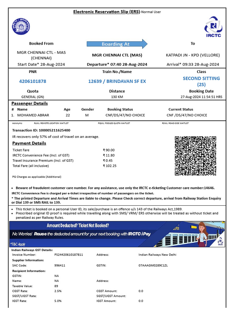 Chennai to Katpadi Train Booking Details | PDF | Identity Document ...