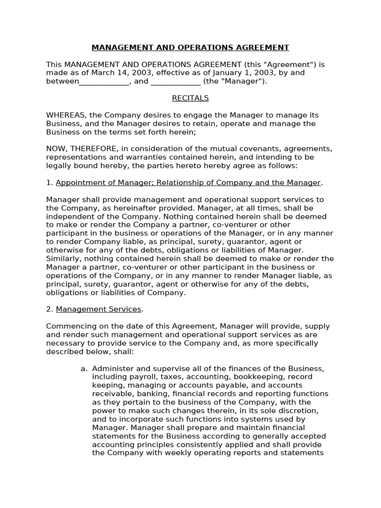 Management and Operations Agreement | PDF | Indemnity | Private Law