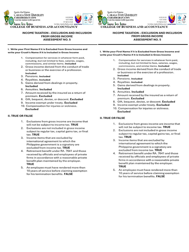 5. Exclusion and Inclusion from Gross Income ANSWER KEY | PDF | Gross ...