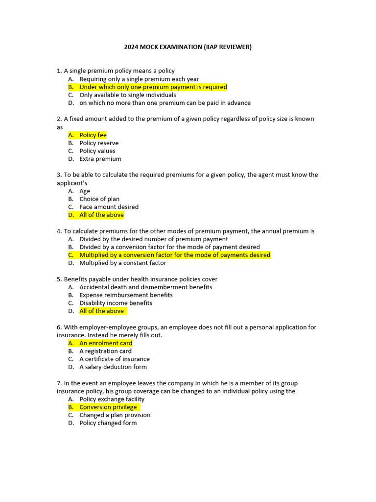 IIAP Life Insurance Mock Exam 2024 | PDF | Insurance | Life Insurance