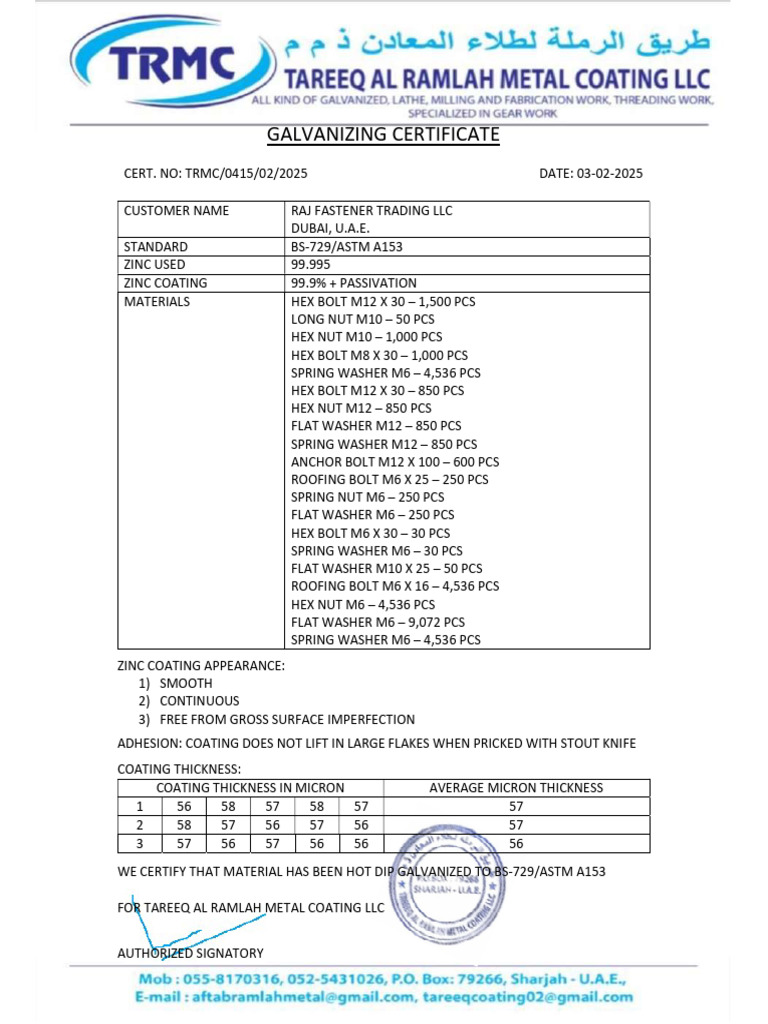 Galvanizing Certificate for Raj Fasteners | PDF