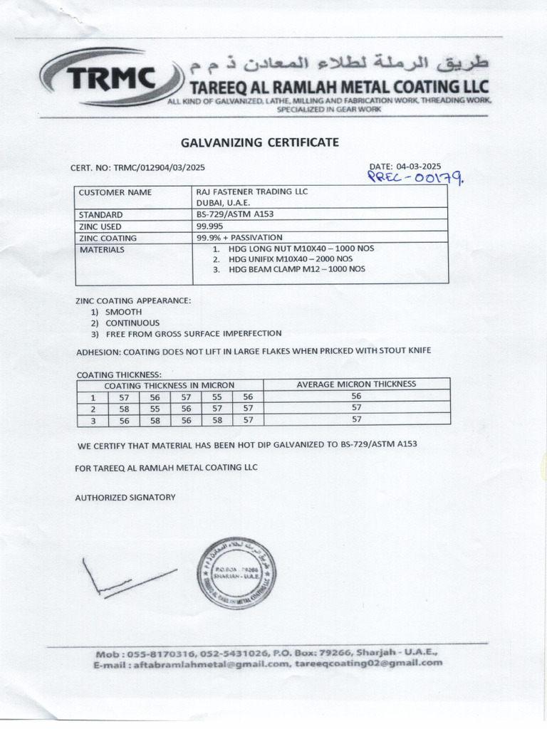Galvanization Report-Raj Fastneres Prec-25-00179 04-03-2025 | PDF