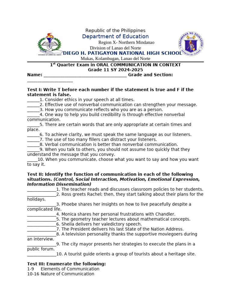 Grade 11 Oral Communication Exam Guide | PDF | Nonverbal Communication ...