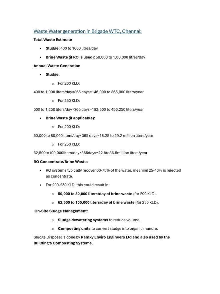 Waste Water Management in Brigade WTC | PDF