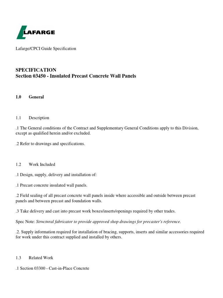 Insulated Precast Concrete Panel Specs | PDF | Concrete | Precast Concrete