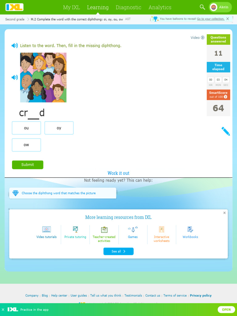IXL Complete The Word With The Correct Diphthong Oi, Oy, Ou, Ow 2nd ...