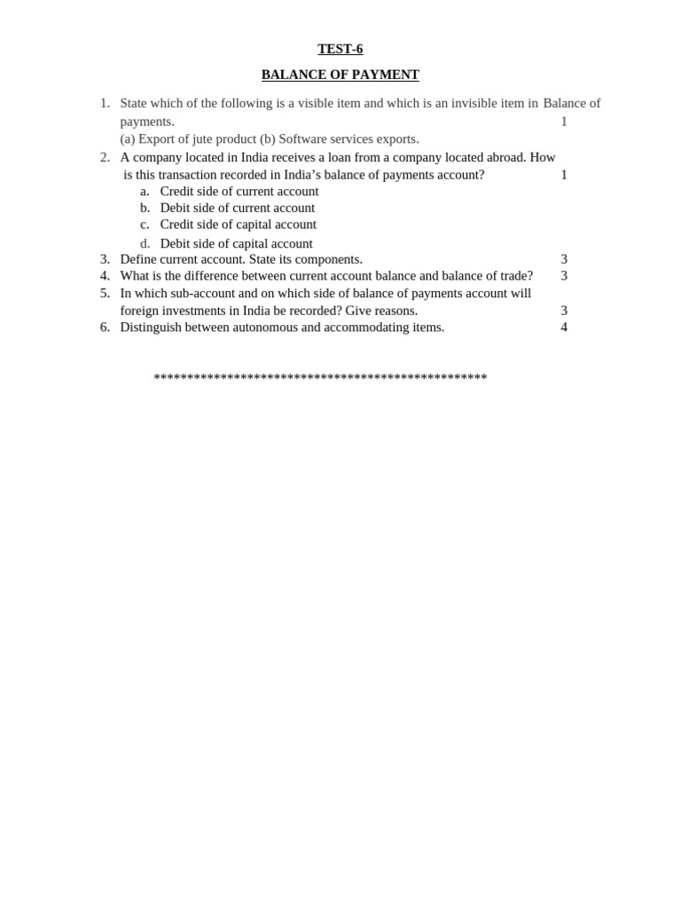 BRS TEST-6 Balance of Payments | PDF