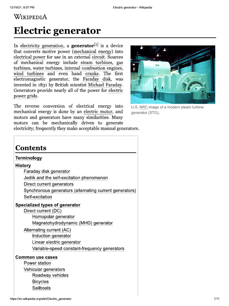Electric Generator - Wikipedia | PDF