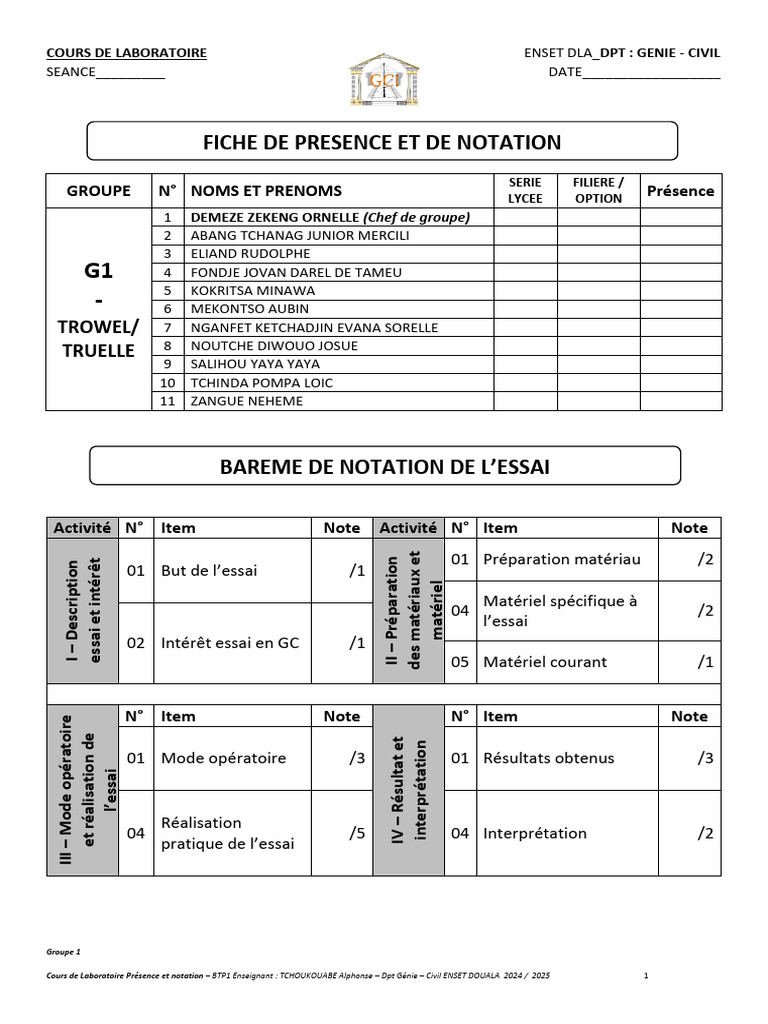 Fiche de Présence et Notation BTP1 | PDF