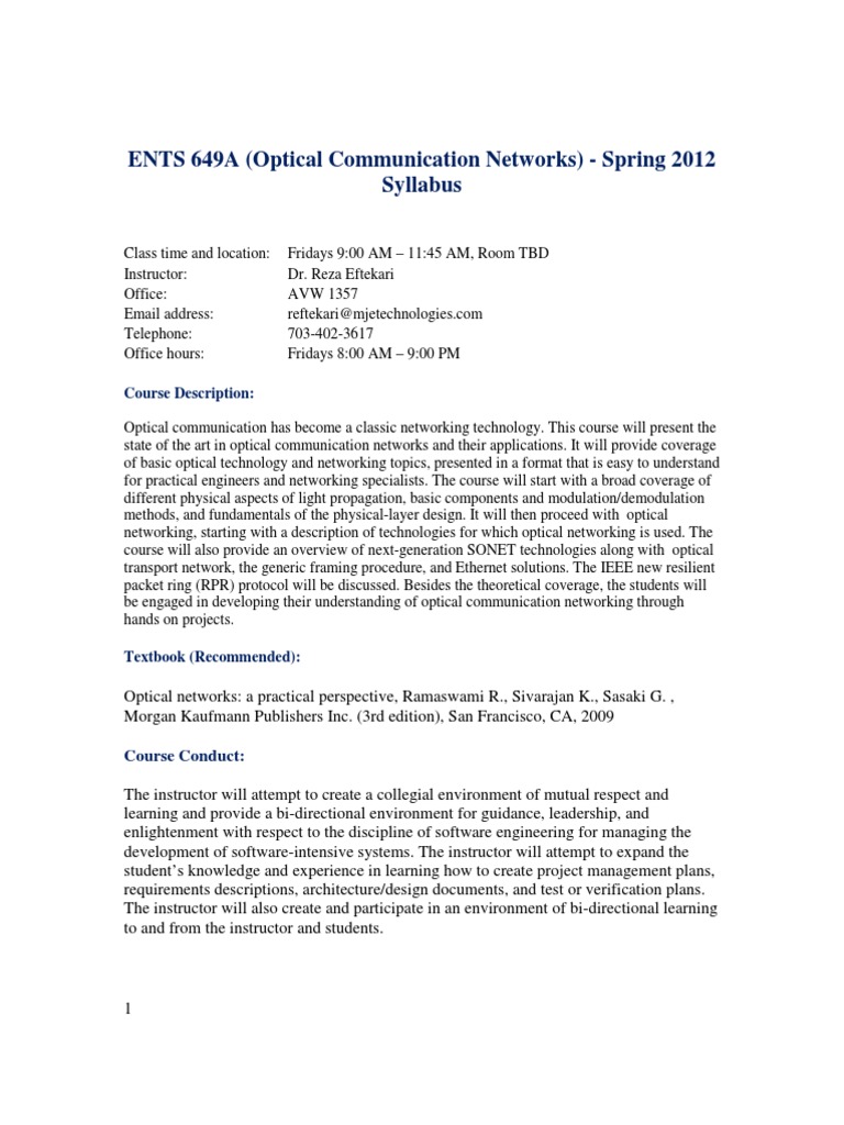 ENTS 649A (Optical Communication Networks) Spring 2012 Syllabus PDF