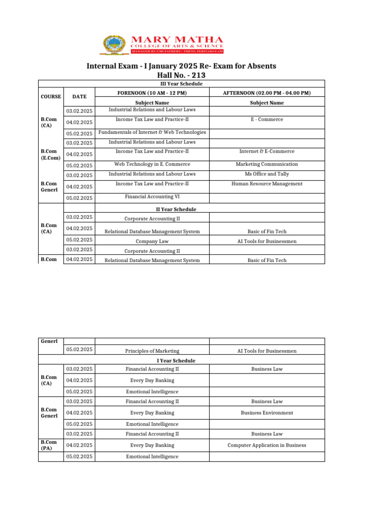 Internal Exam Schedule February 2025 | PDF