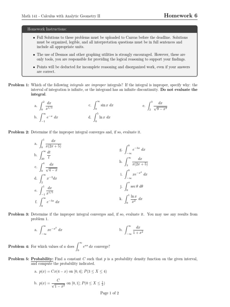 Calculus II Homework 6 Solutions Guide | PDF | Integral | Probability ...