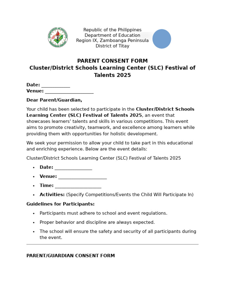 Parent Consent Form for SLC Festival 2025 | PDF