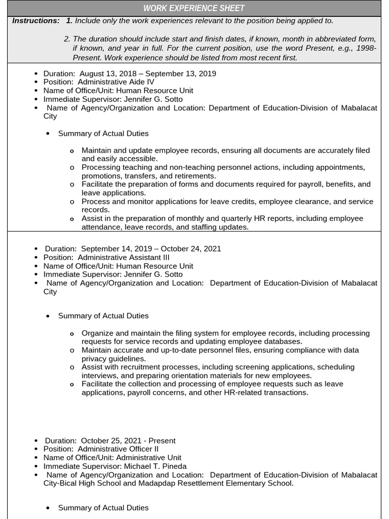 Work Experience Sheet for CS Form 212 | PDF | Human Resources | Business