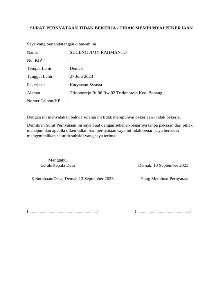 Surat Pernyataan Tidak Bekerja | PDF