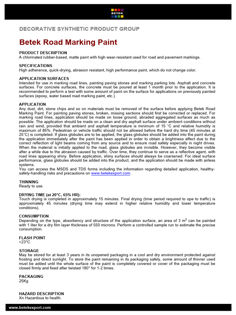 Betek Road Marking Paint Specifications | PDF | Road | Paint