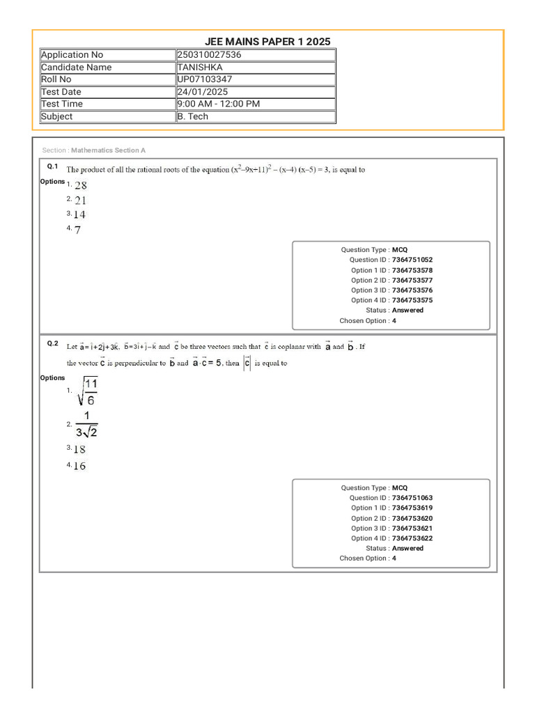 JEE Mains 2025 Candidate Responses | PDF | Multiple Choice | Career And ...