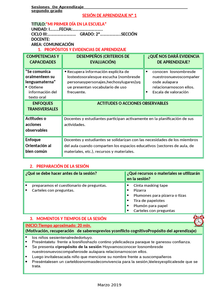 Sesión de Aprendizaje: Primer Día Escolar | PDF | Aprendizaje | Salón ...